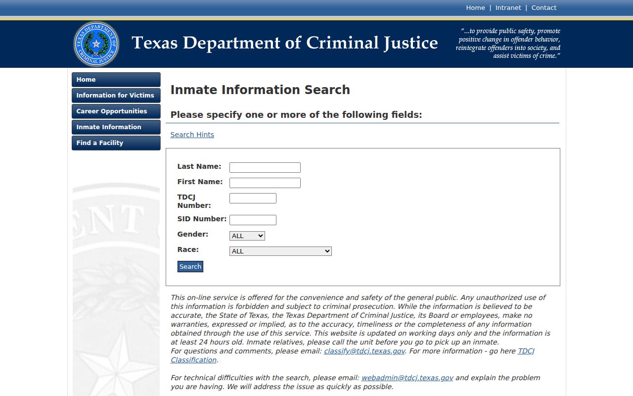TDCJ custody search related to Roberts County arrest records