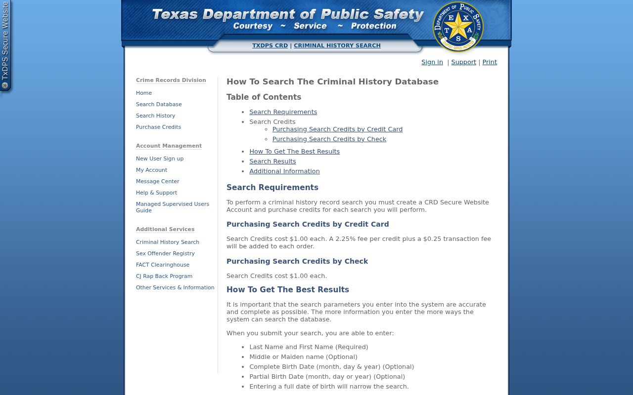 Roberts County criminal history instructions on the Texas DPS search page