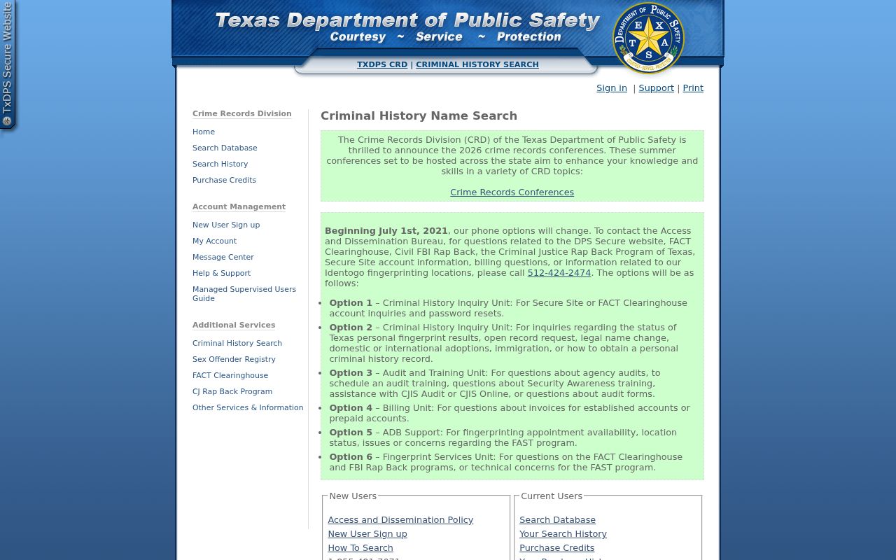 Roberts County criminal record search entry on the Texas DPS system