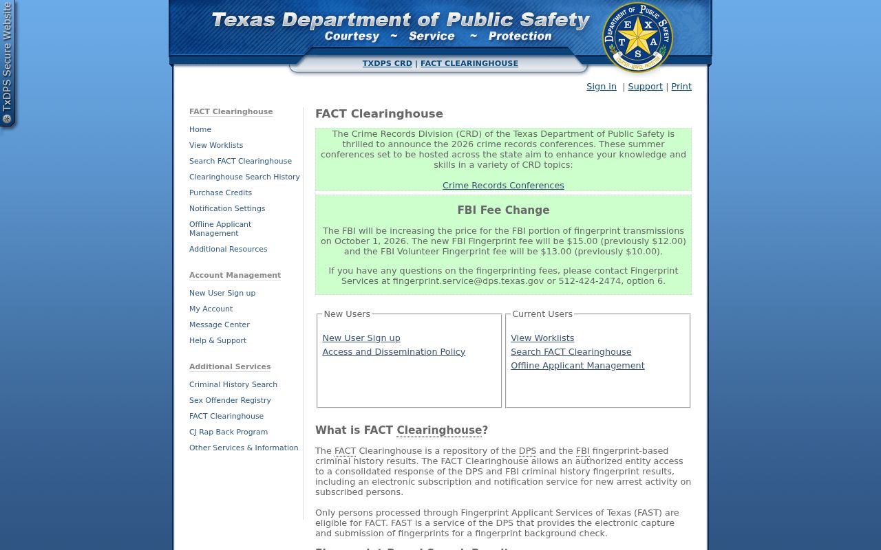Roberts County fingerprint criminal record fee information in the DPS FACT Clearinghouse