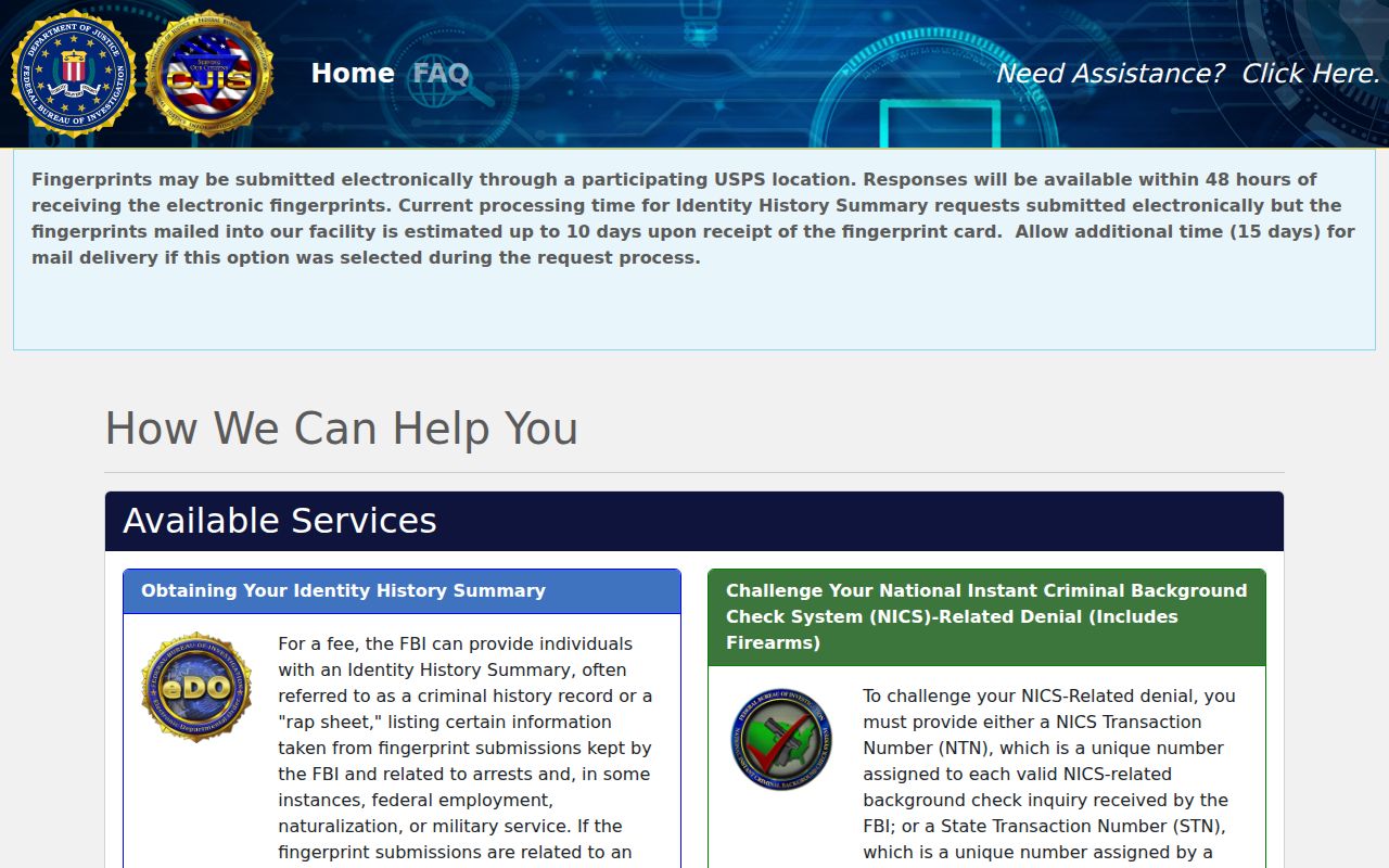 Roberts County personal criminal history review through the FBI EDO portal