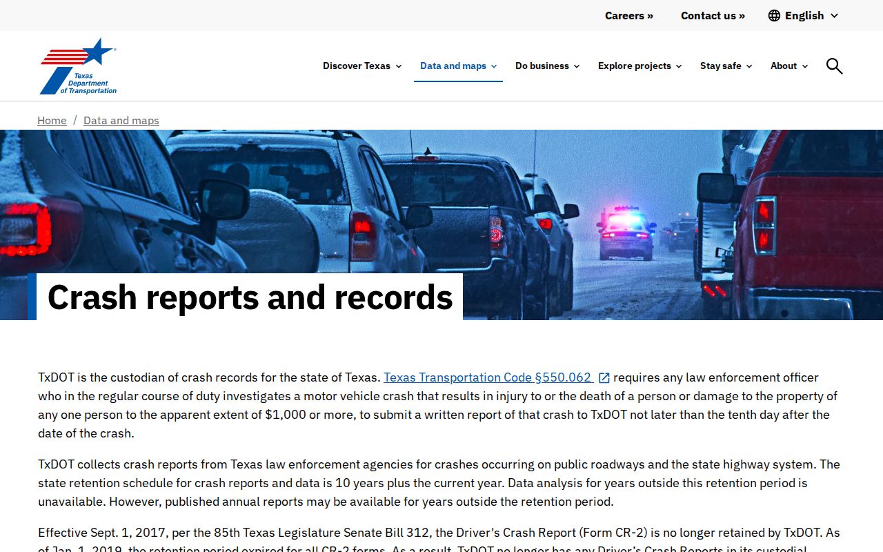 Roberts County crash report record-ordering options from TxDOT
