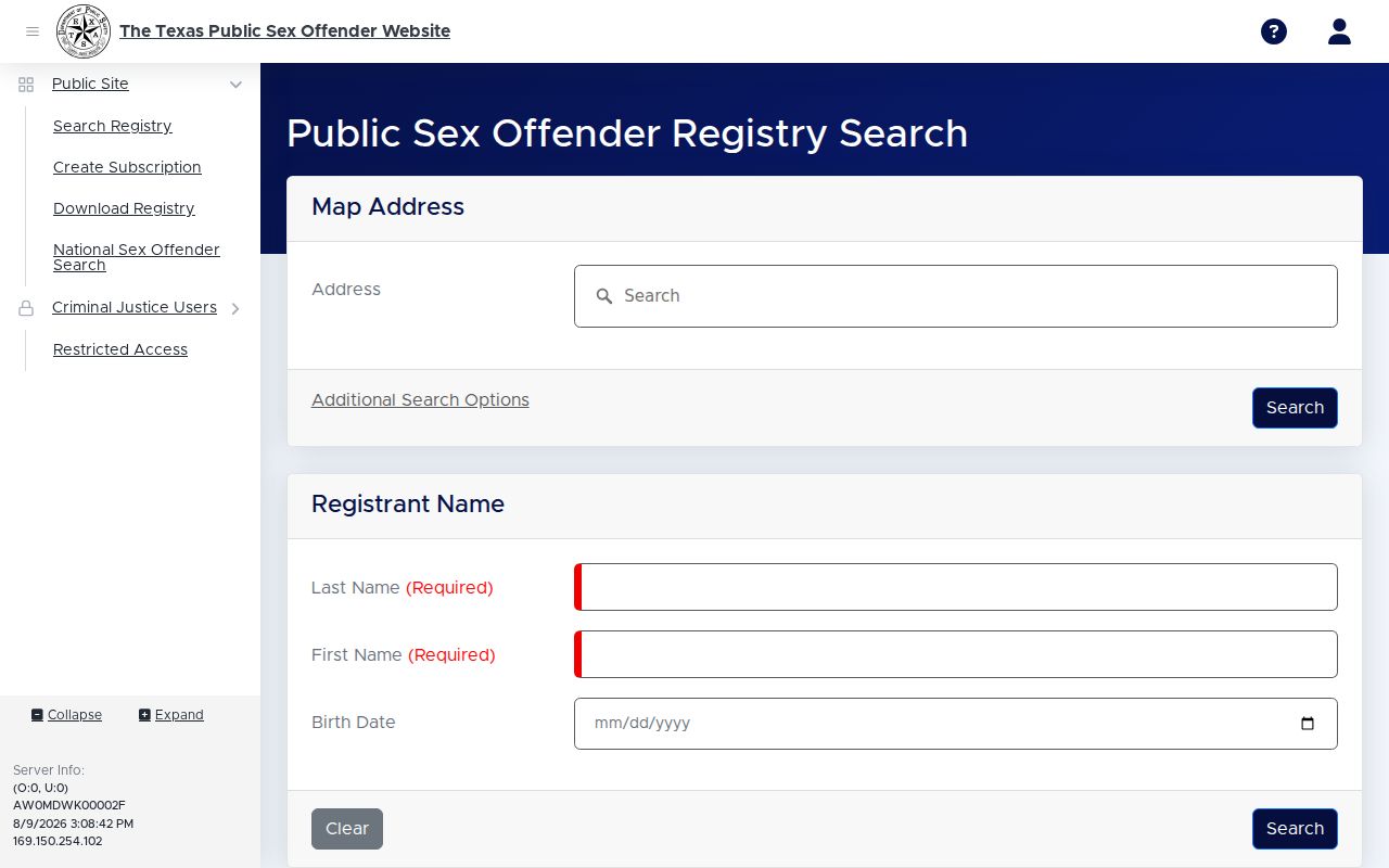 Roberts County sex offender search fields on the Texas DPS registry